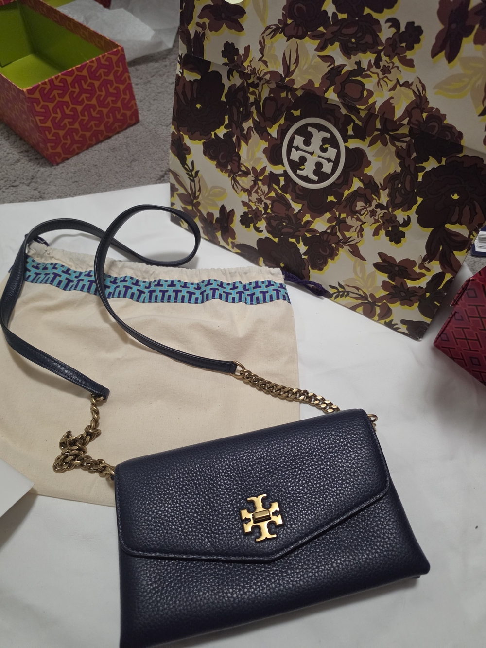 Tory Burch Navy Leather Crossbody Bag with Gold Logo